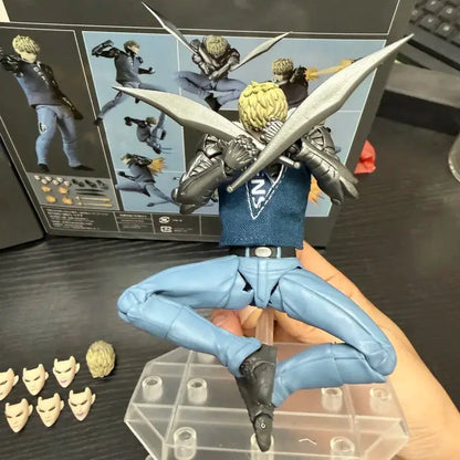 One punch man genos action figure with joint movable limbs in blue jeans and vest wielding two silver swords