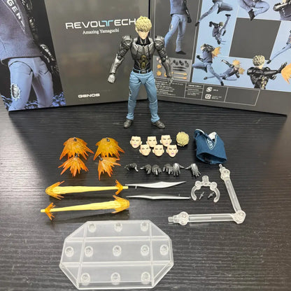 One punch man genos action figure with joint movable metallic gray and black armored suit and blue pants