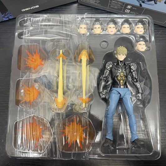 One punch man genos action figure in black and gold armor with blue pants joint movable model in clear packaging