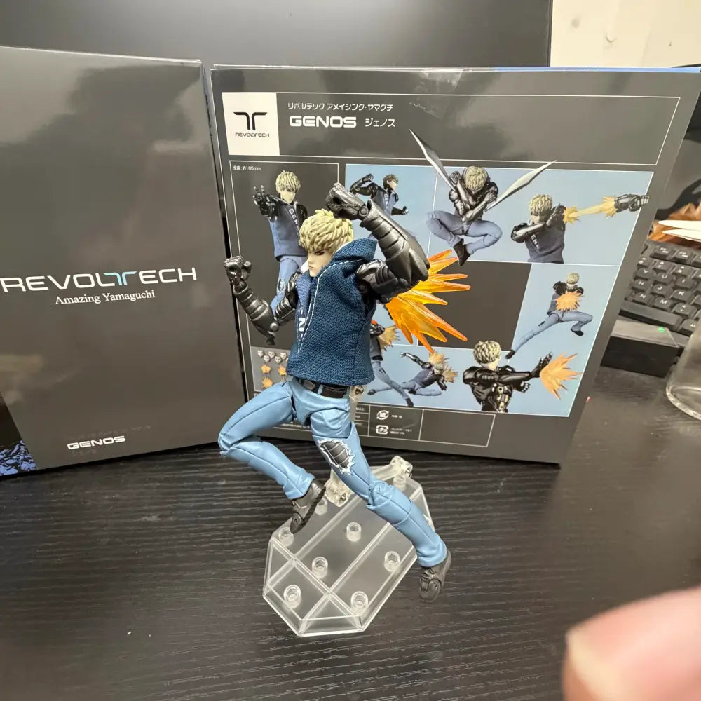 One punch man genos action figure in blue jacket and jeans posed dynamically on clear stand with joint movable features