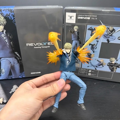 One punch man genos action figure in blue and black with orange flame accessories joint movable model
