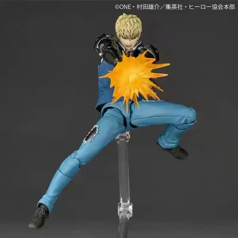 Blue and black genos revoltech figure from punch man with joint movable parts in dynamic pose and orange starburst chest effect