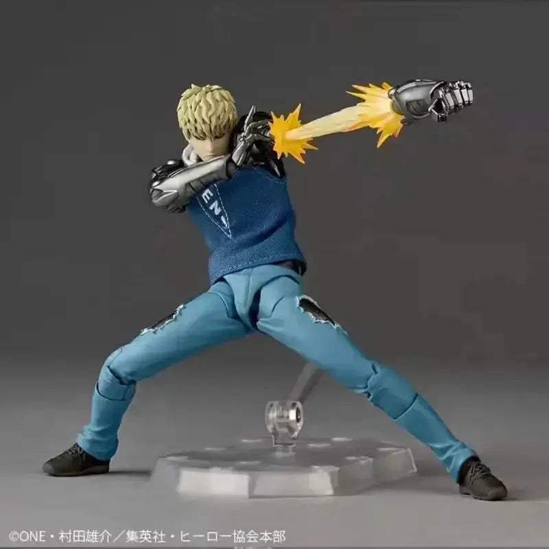 One punch man genos revoltech figure with blue denim-style vest and pants, black rips, and silver arm brace with yellow energy effects
