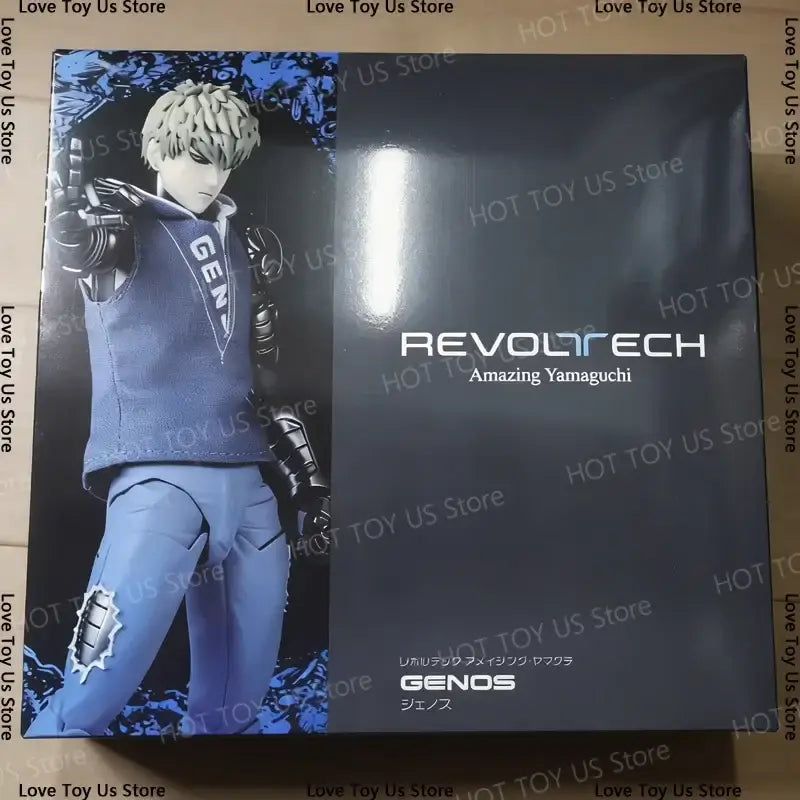 One Punch Man Genos Revoltech figure in blue and black joint movable costume with metallic accents