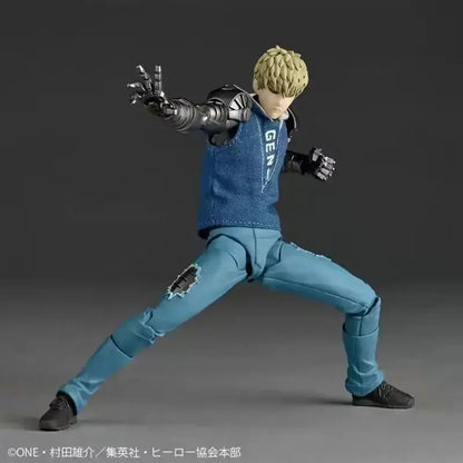 One Punch Man Genos Revoltech joint movable statue featuring blue denim vest and pants with metallic silver arm armor