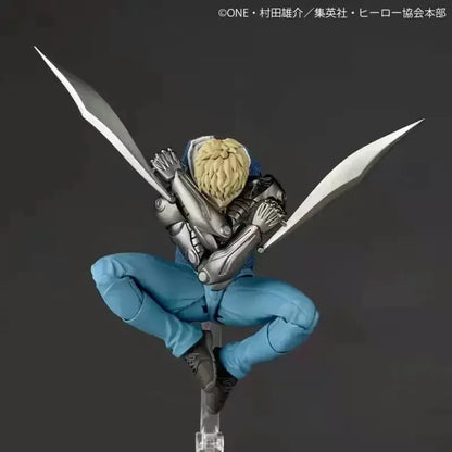 One punch man genos revoltech figure with joint movable statue featuring saitama in blue pants and silver armor
