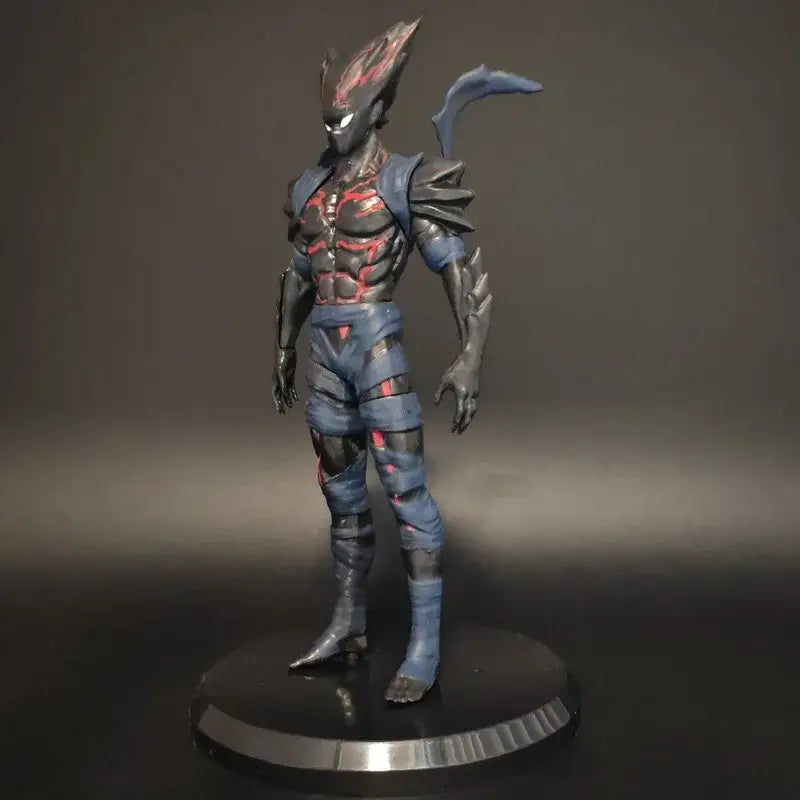 Blue and black armored starry sky punch man hungry wolf desktop figure with red glowing accents on a circular base