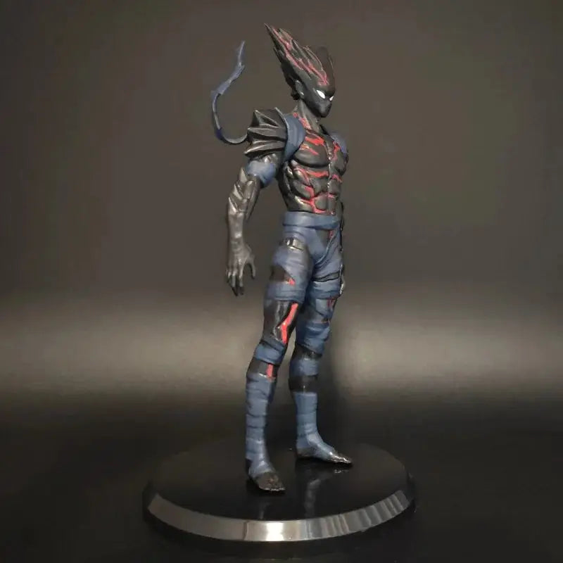 A detailed blue and red armored punch man hungry wolf desktop figure with spiky headpiece on circular base pvc starry sky