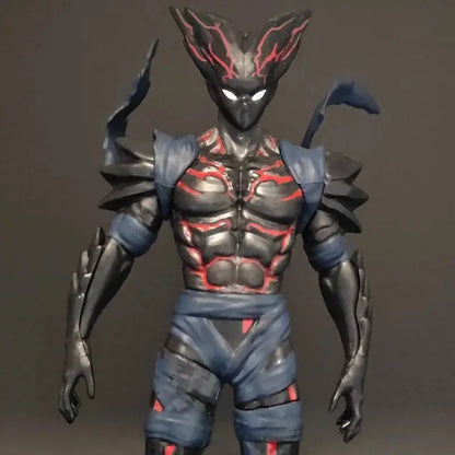Black and red armored one punch man hungry wolf desktop figure with glowing eyes and lightning patterns in starry sky pvc