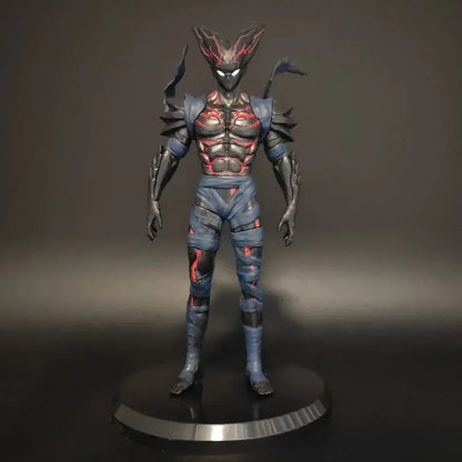Detailed starry sky punch man hungry wolf desktop figure in black and red armor with glowing eyes on metallic base