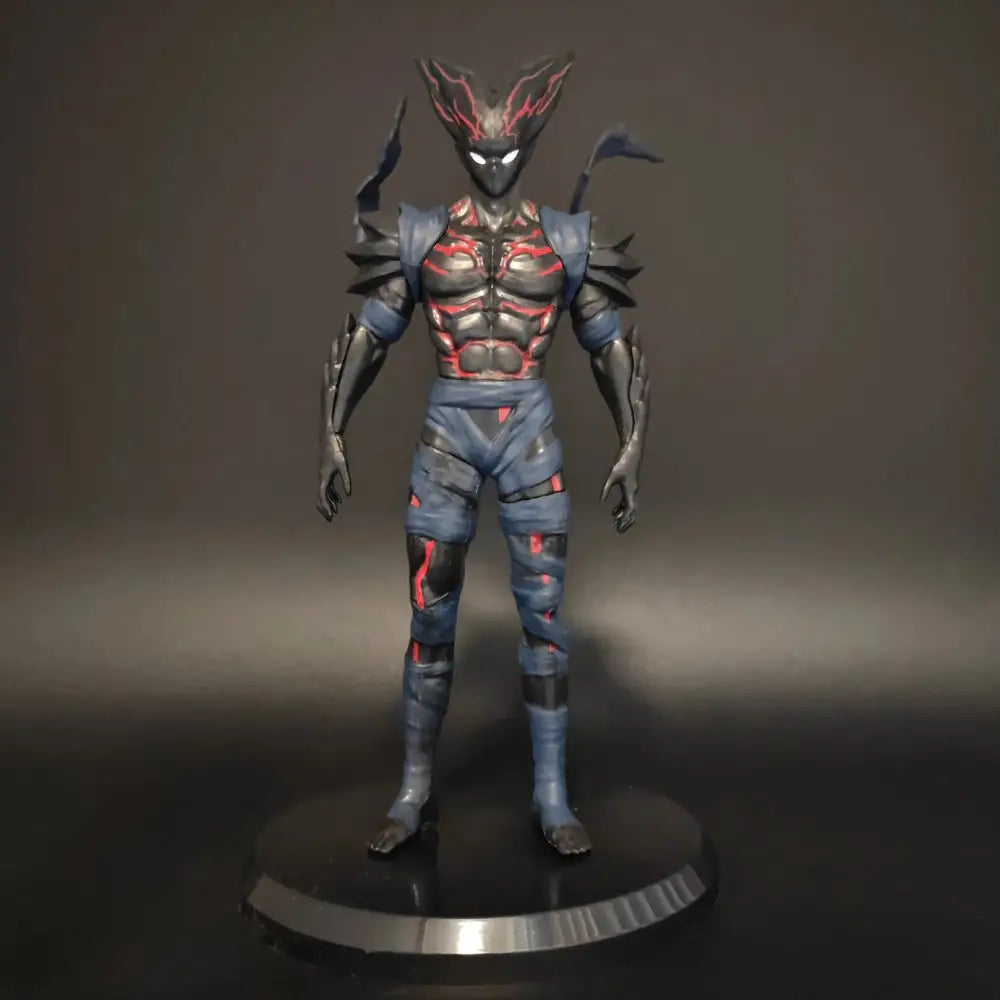 A detailed starry sky punch man hungry wolf desktop figure in blue and black pvc armor with glowing red accents on base