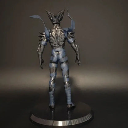 Silver and blue armored punch man hungry wolf desktop figure with spiky shoulder plates and wing-like extensions in pvc