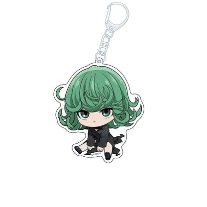 Green-haired one punch man chibi charm acrylic keychain with black outfit and silver metal clip for bags or keys