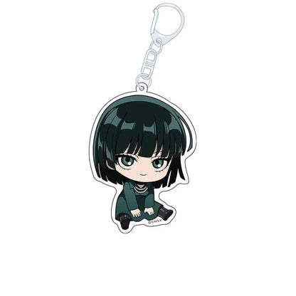 One punch man king acrylic keychain featuring a chibi charm with dark green hair and teal dress design