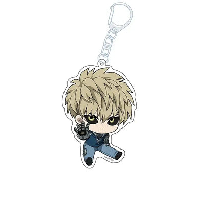 One punch man king chibi charm acrylic keychain featuring blonde anime character with green eyes and blue pants
