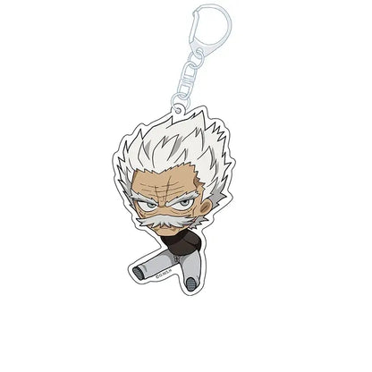 White-haired chibi charm acrylic keychain featuring stern King character from One Punch Man in gray pants