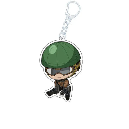 One punch man king acrylic keychain featuring a green helmeted chibi soldier charm with brown tactical gear and black boots