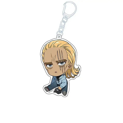 Chibi charm acrylic keychain of punch man king with blonde hair blue eyes light blue jacket and dark pants