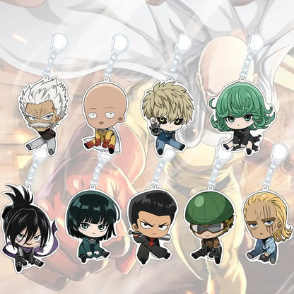 One punch man king acrylic keychain featuring cute chibi charm anime figure with distinct colors on silver chain