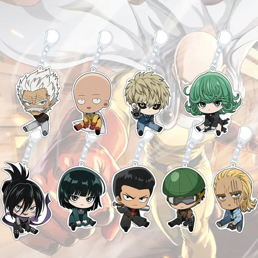 One punch man king acrylic keychain featuring cute chibi charm anime figure with distinct colors on silver chain