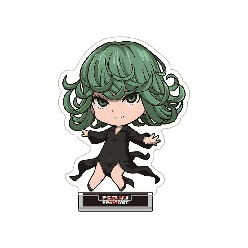 Chibi-style green-haired king acrylic stand from punch man featuring black dress on a white acrylic base 10cm figure