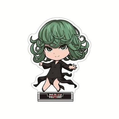 Chibi-style green-haired king acrylic stand from punch man featuring black dress on a white acrylic base 10cm figure