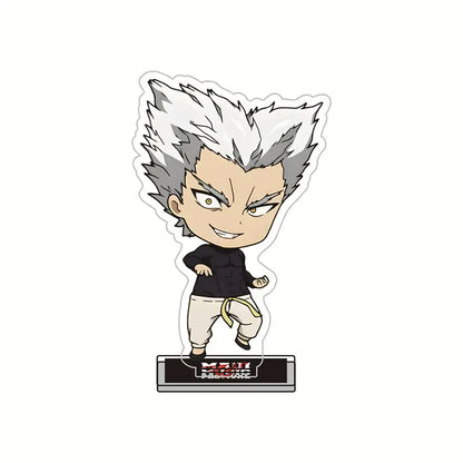 Chibi style one punch man king acrylic stand featuring a character with spiky white hair in black shirt and beige pants