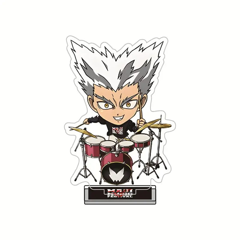 Chibi-style drummer king acrylic stand featuring maroon drum set and black shirt in one punch man 10cm acrylic figure