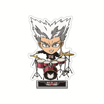 Chibi-style drummer king acrylic stand featuring maroon drum set and black shirt in one punch man 10cm acrylic figure