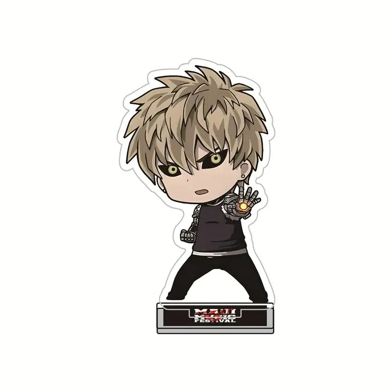Chibi style saitama acrylic stand with spiky light brown hair glowing yellow eyes black outfit king acrylic stand