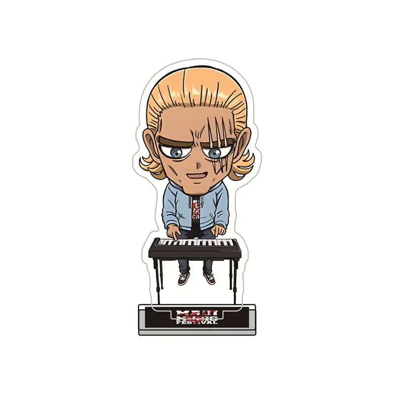 Chibi-style punch man king acrylic stand with blonde hair and light blue jacket playing keyboard on madness festival base