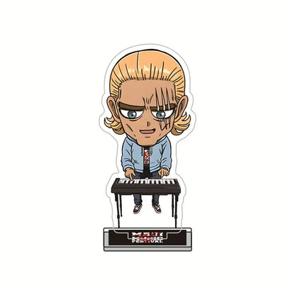 Chibi-style punch man king acrylic stand with blonde hair and light blue jacket playing keyboard on madness festival base