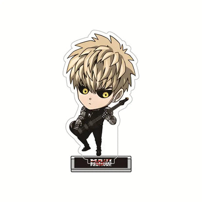 Chibi style saitama acrylic stand with spiky blonde hair yellow eyes black outfit and guitar one punch man king acrylic stand