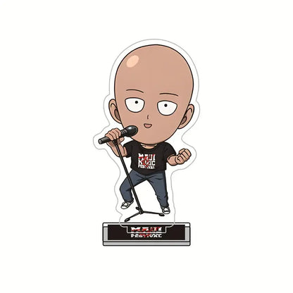 Chibi saitama acrylic stand wearing black music festival t-shirt and blue jeans on a punch man king acrylic stand base