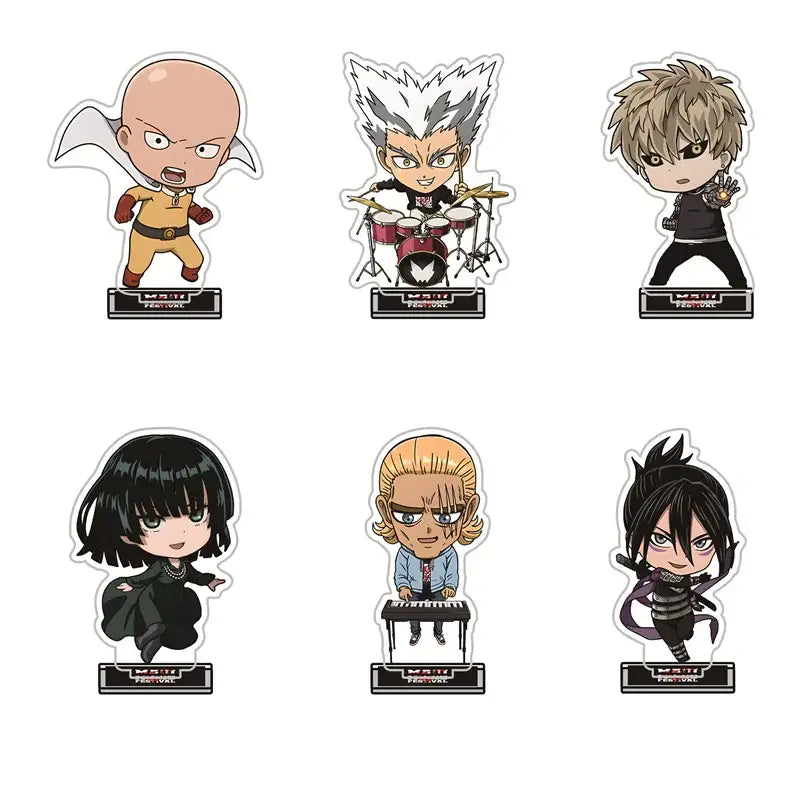 Set of six chibi-style one punch man acrylic stands featuring saitama and genos in colorful outfits king acrylic stand