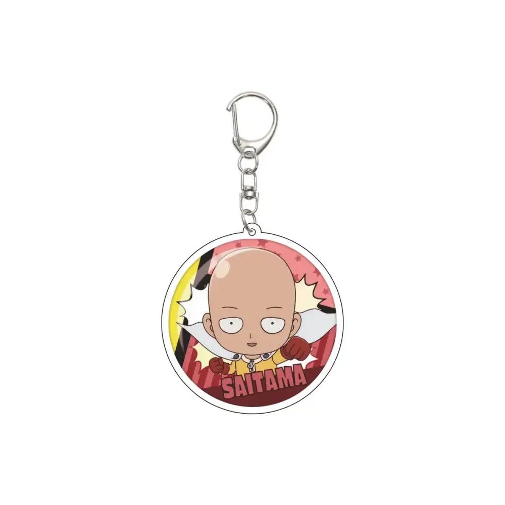 Circular acrylic keychain featuring saitama from one punch man with silver metal clasp and 55mm model plate
