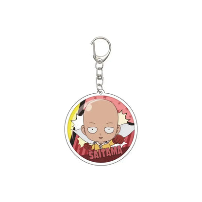 Circular acrylic keychain featuring saitama from one punch man with silver metal clasp and 55mm model plate