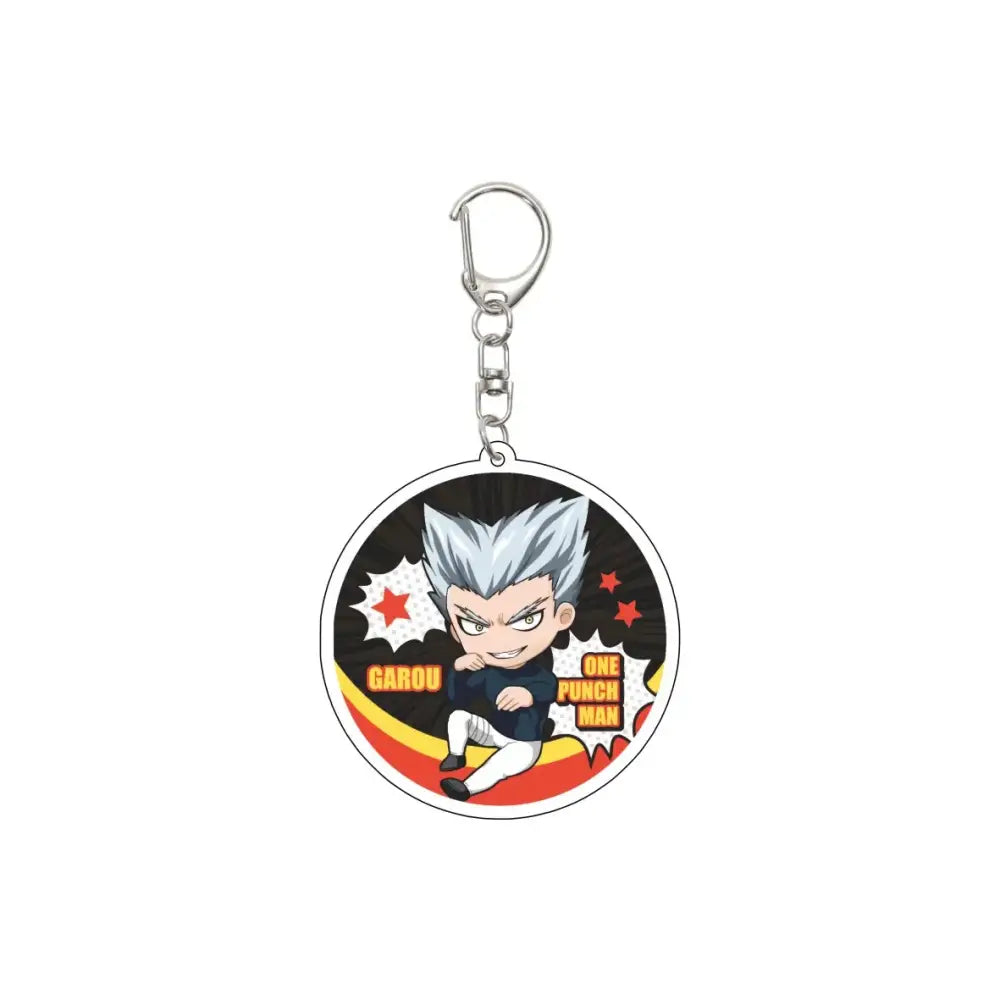 Circular acrylic keychain with chibi silver-haired garou in black and white outfit on a punch man 55mm model plate background