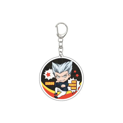 Circular acrylic keychain with chibi silver-haired garou in black and white outfit on a punch man 55mm model plate background