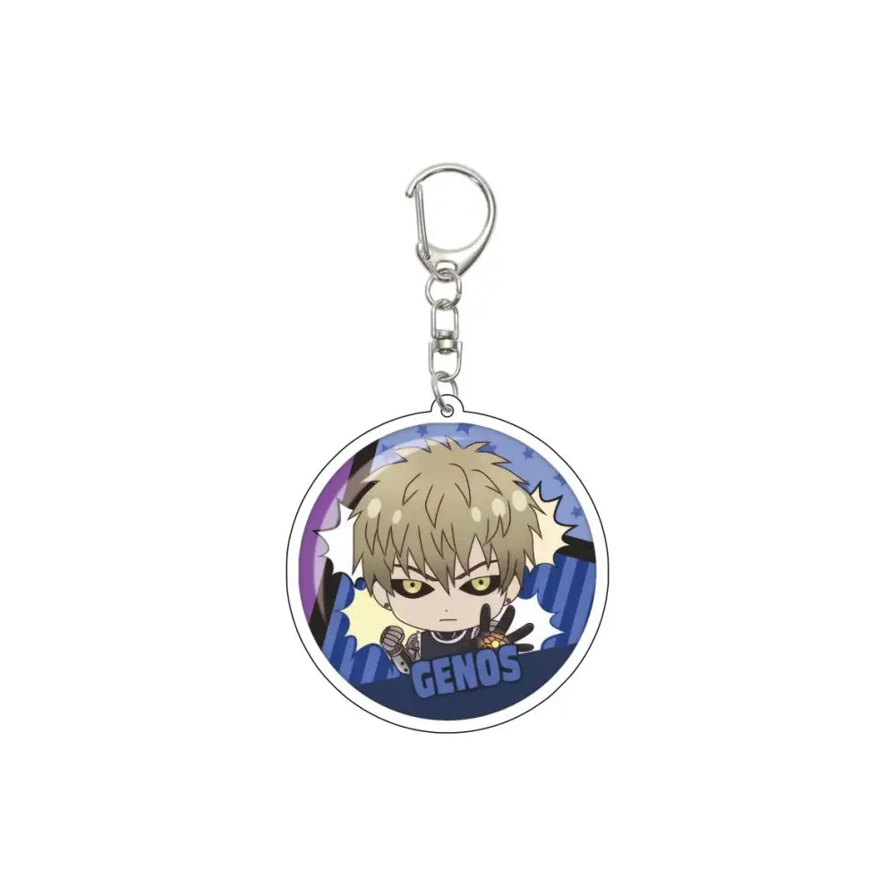 Circular acrylic keychain featuring chibi genos with blonde hair and yellow eyes on a blue background 55mm model plate punch man