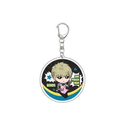 Circular acrylic keychain featuring chibi genos in pink armor with blonde hair on a black background 55mm model plate punch man