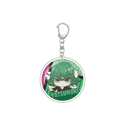 Green-haired punch man acrylic keychain with 55mm model plate circular charm and silver metal clip