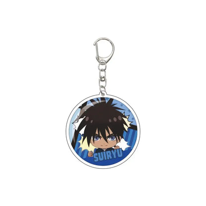 Circular acrylic keychain featuring chibi spiky black hair suiryu character on dynamic blue background 55mm model plate punch man