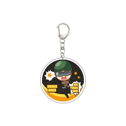 Circular acrylic keychain featuring chibi saitama in green helmet with yellow human rider text 55mm model plate punch man