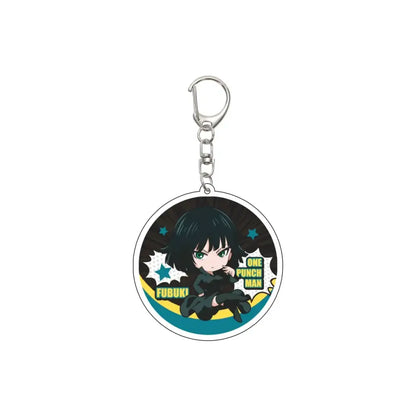 One punch man acrylic keychain featuring a 55mm model plate with chibi fubuki illustration and teal star accents