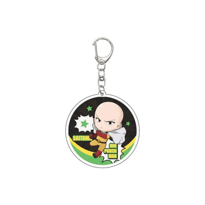 Circular acrylic keychain featuring chibi saitama from punch man in red yellow suit on 55mm model plate