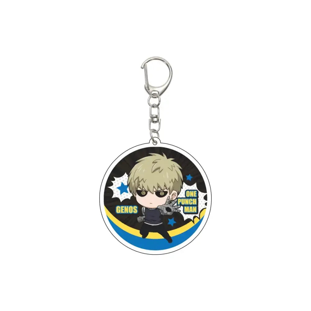 Circular acrylic keychain featuring chibi genos with blonde hair and sunglasses on a one punch man 55mm model plate