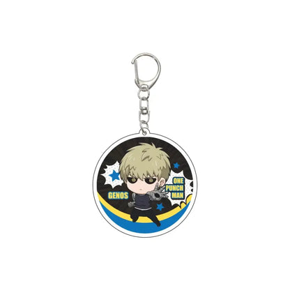 Circular acrylic keychain featuring chibi genos with blonde hair and sunglasses on a one punch man 55mm model plate