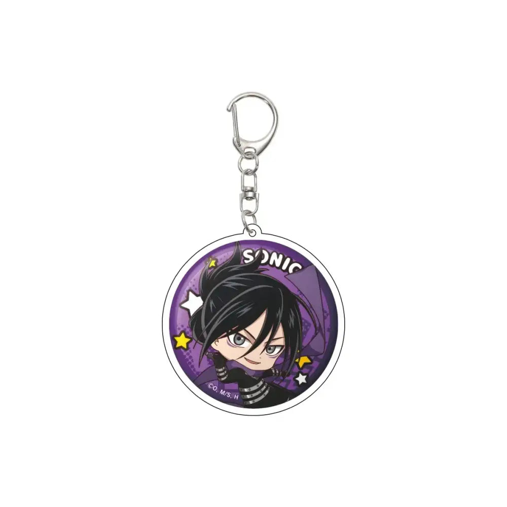 Purple circular acrylic keychain featuring a chibi punch man sonic character with black hair and star accents on a 55mm model plate