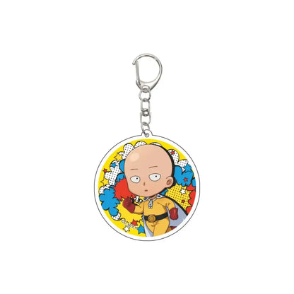 One punch man saitama acrylic keychain 55mm model plate with yellow suit and comic book style explosion background
